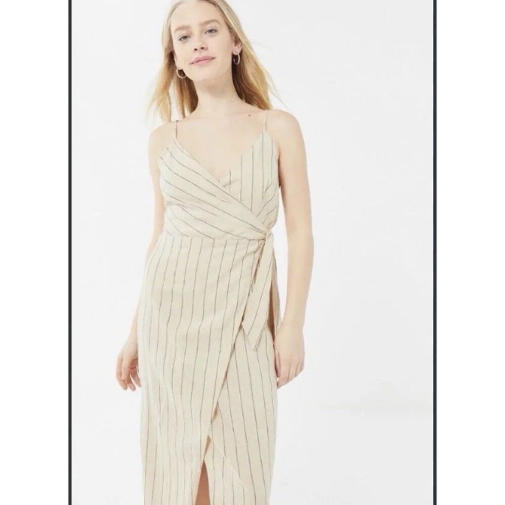 URBAN OUTFITTERS Quebec Beige Linen Side-Tie Midi Halter Wrap Dress ~ Size M